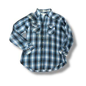 Vintage Blue Plaid Western Pearl Snap Button Up Shirt